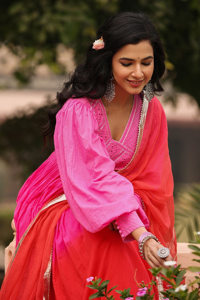 Karvi Red Pink Ombre Long Flared Gota Lace Kurta With Pant & Dupatta