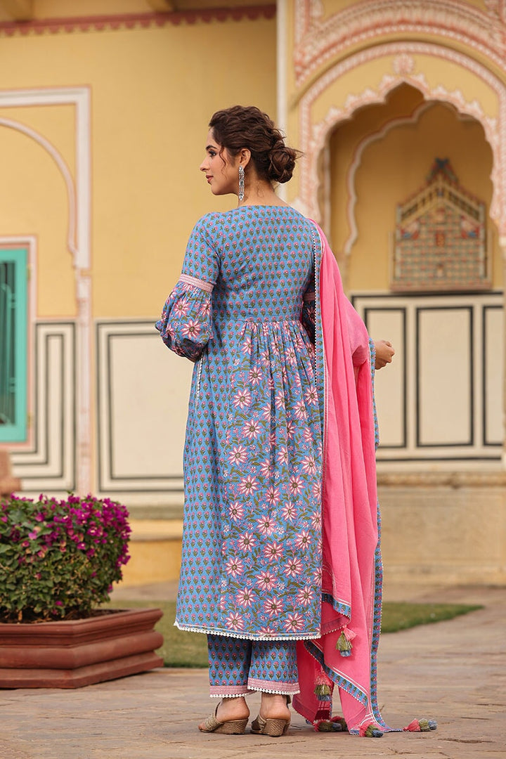 Malika Blue Floral High Slit Suit With Pant And Dupatta