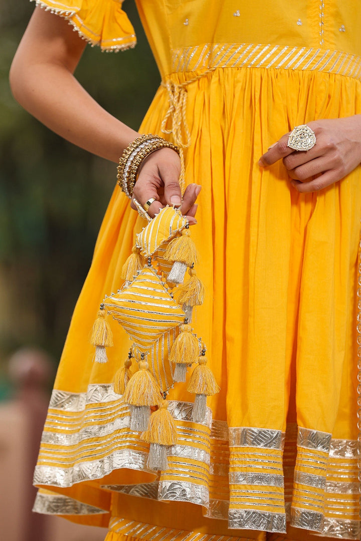 Baawari Yellow Gota Lace Kurta With Sharara And Dupatta