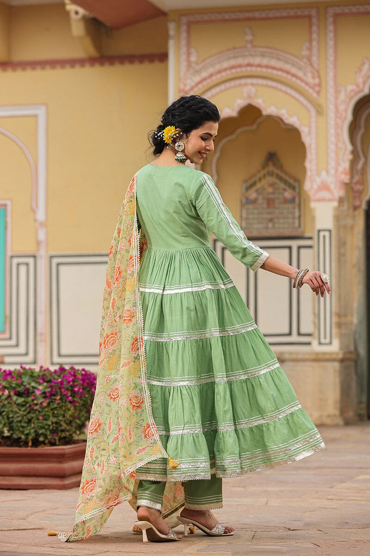 Zara Angrakha Solid Tiered Suit Set With Pant And Dupatta