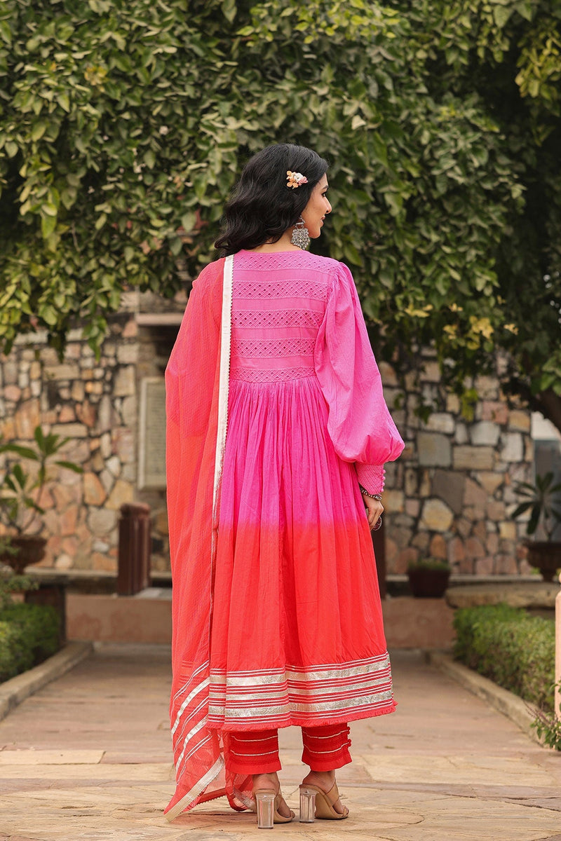 Karvi Red Pink Ombre Long Flared Gota Lace Kurta With Pant & Dupatta