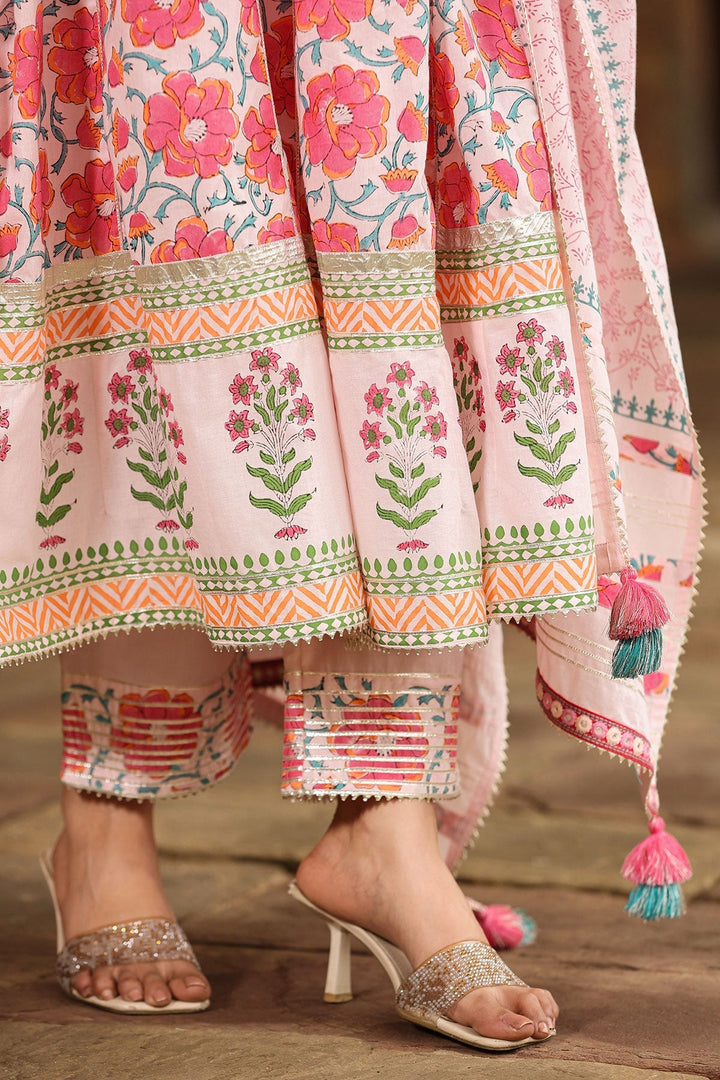 Dhwani Pink  Block Printed Floral Anarkali Suit With Pant And Dupatta