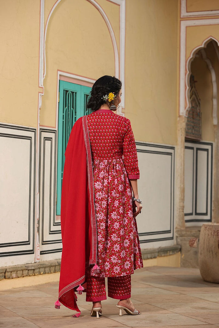 Madhubala Red Gathered Suit With Pant And Dupatta