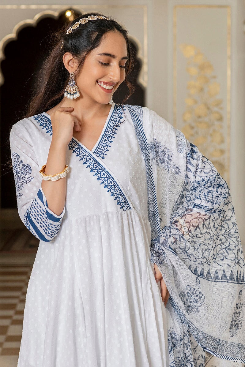 Aarushi White Handblock Printed Angrakha Kurta With Pant & Dupatta