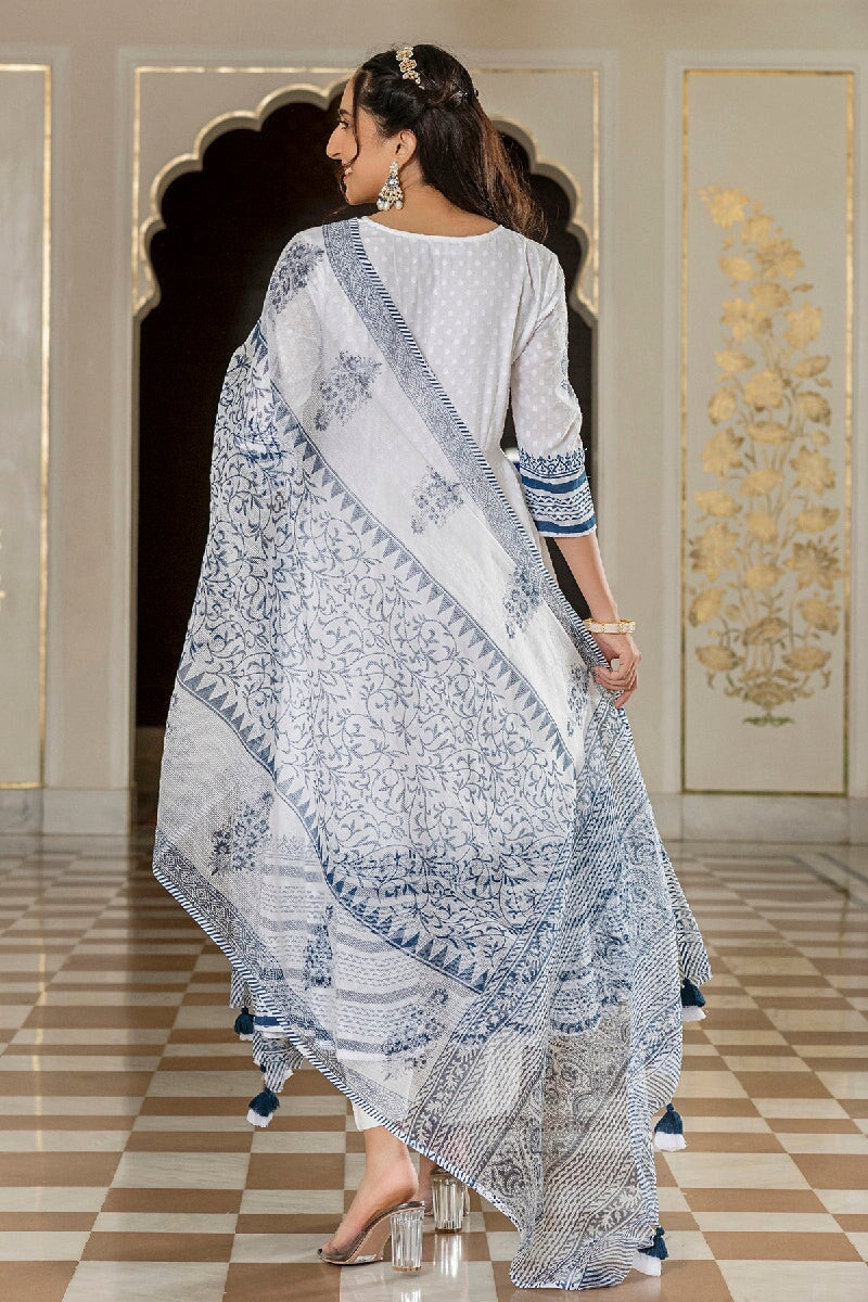 Aarushi White Handblock Printed Angrakha Kurta With Pant & Dupatta