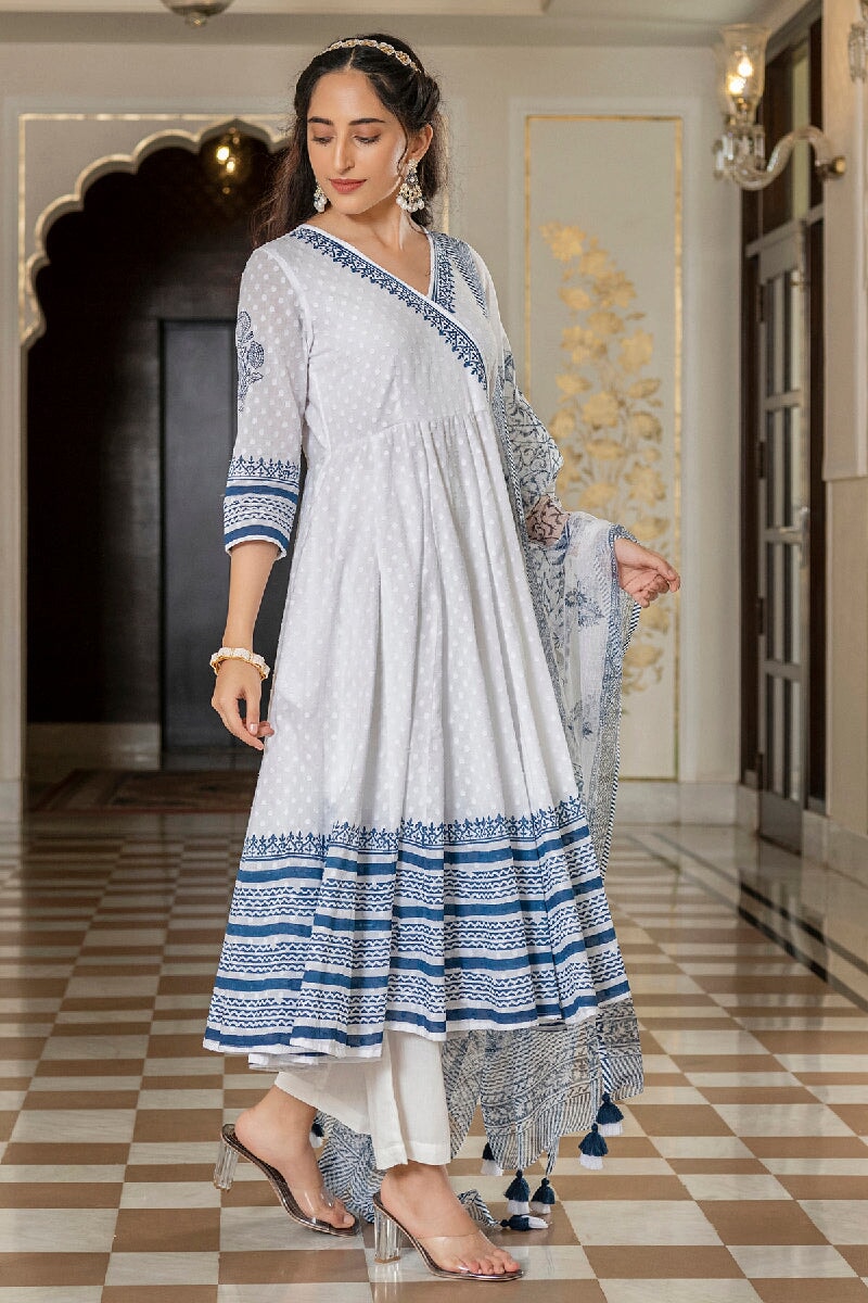 Aarushi White Handblock Printed Angrakha Kurta With Pant & Dupatta