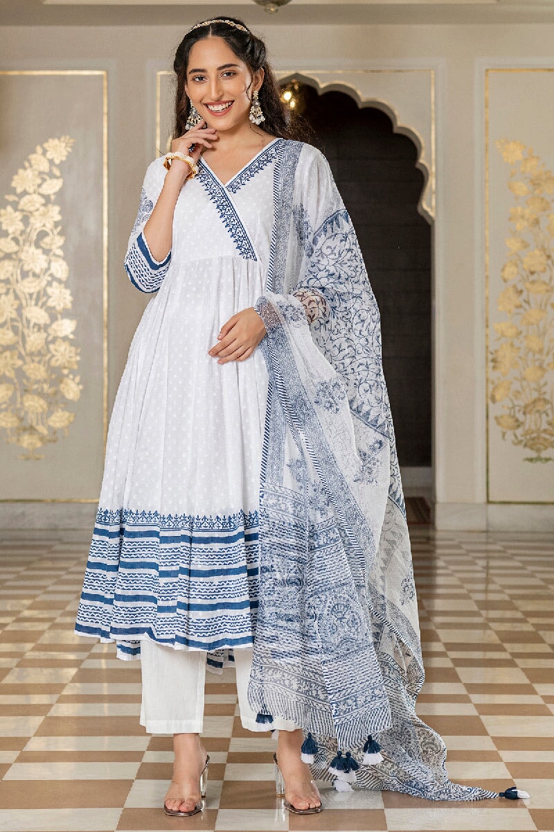 Angrakha Rajasthan Shop for White Embroidered Angrakha Suit Set - EverBloom India