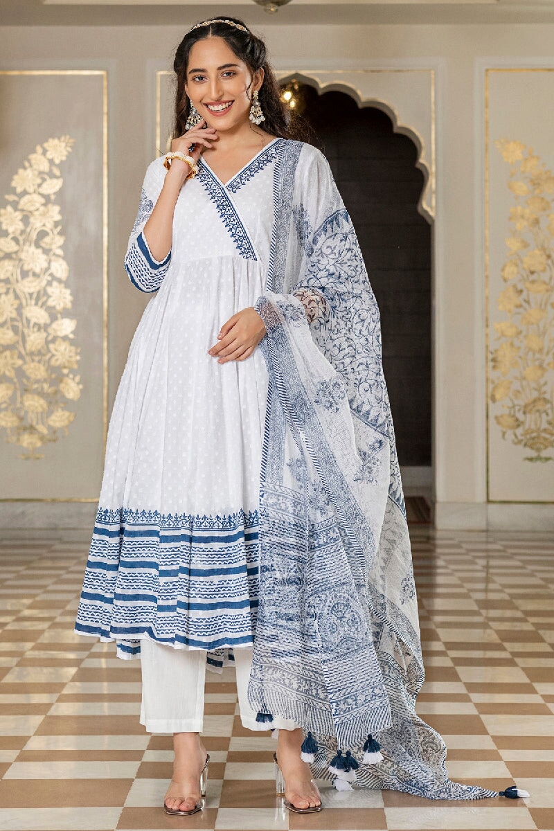 Aarushi White Handblock Printed Angrakha Kurta With Pant & Dupatta