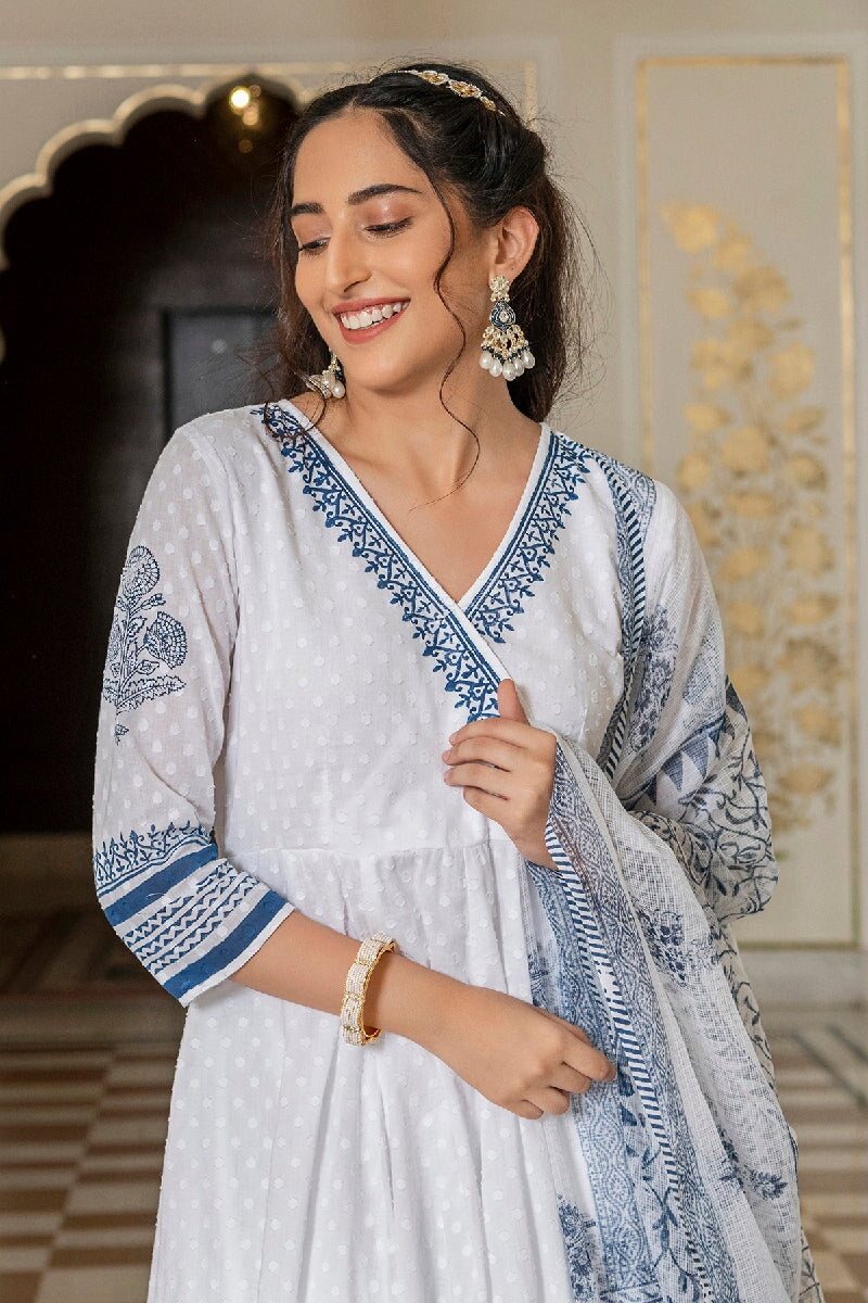 Aarushi White Handblock Printed Angrakha Kurta With Pant & Dupatta