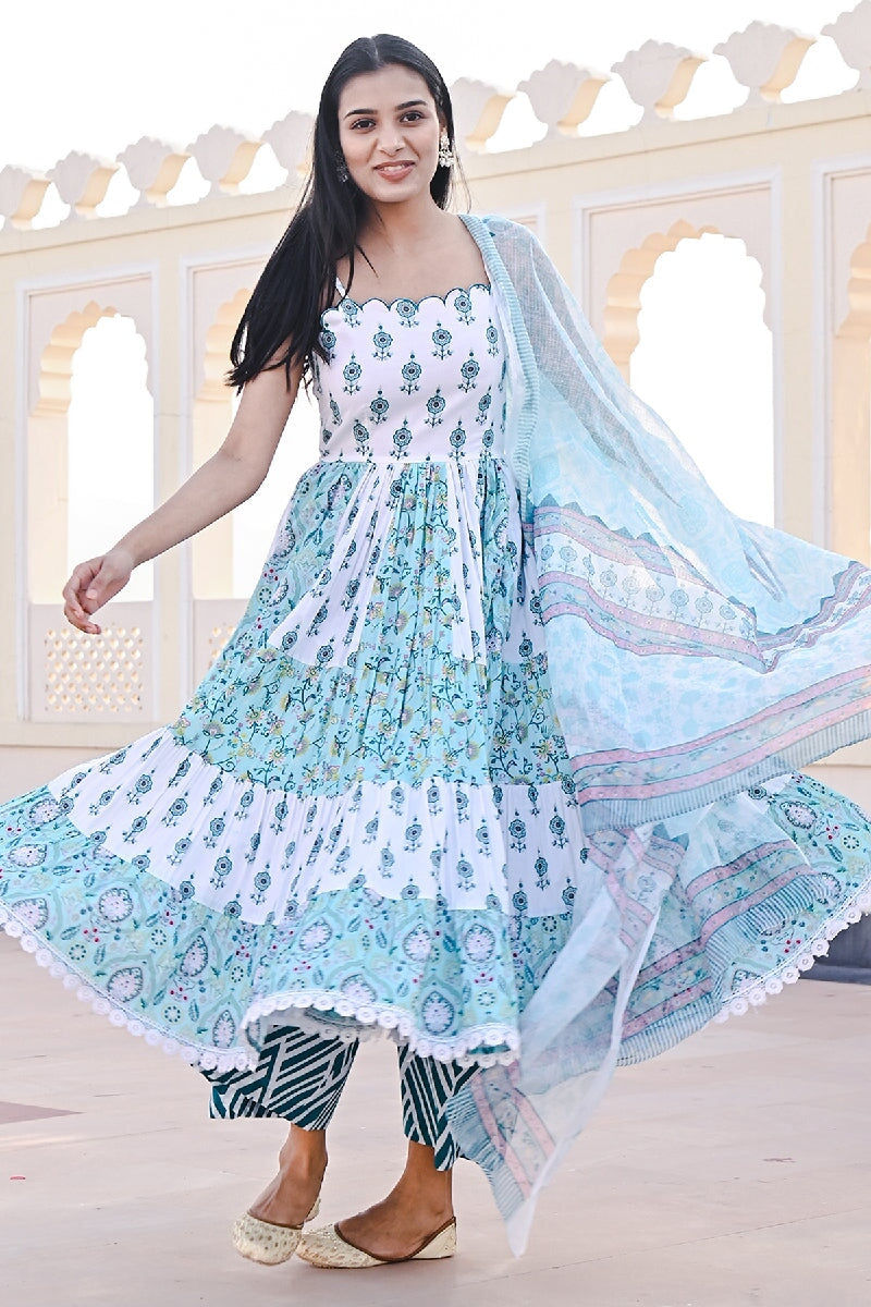 Baadal Printed Blue-White Spaghetti Flared Kurta