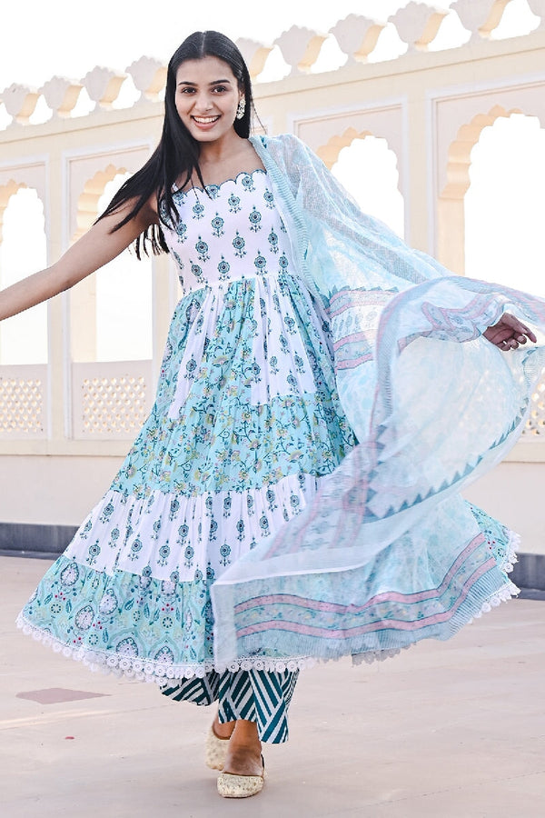 Baadal Printed Blue-White Spaghetti Flared Kurta