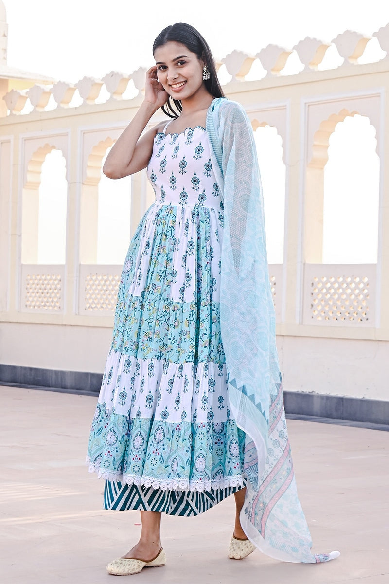 Baadal Printed Blue-White Spaghetti Flared Kurta