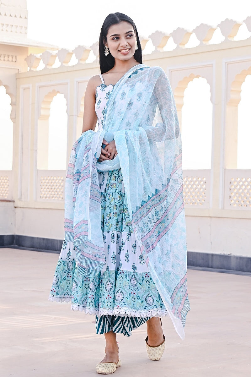 Baadal Printed Blue-White Spaghetti Flared Kurta