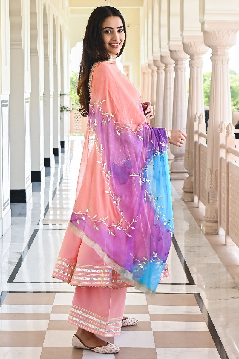 Baari Peach Flared Gota Kurta With Pant & Tie-dye Dupatta