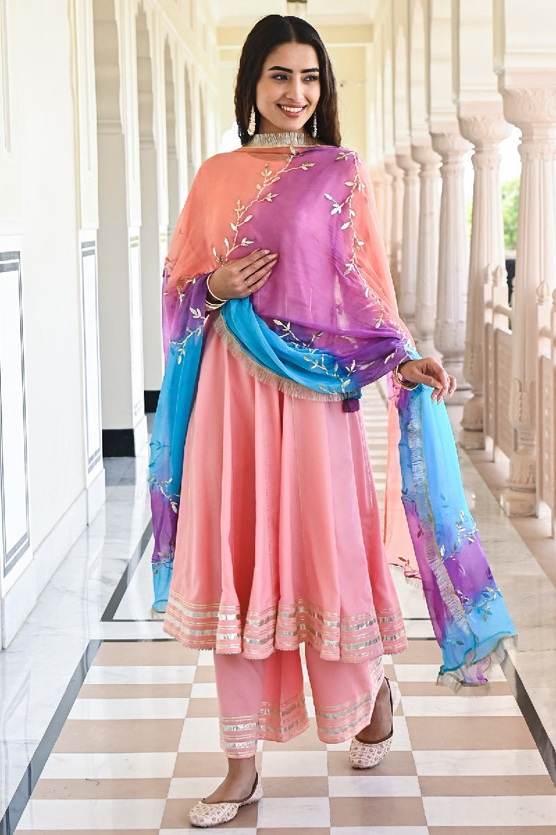 Baari Peach Flared Gota Kurta With Pant & Tie-dye Dupatta