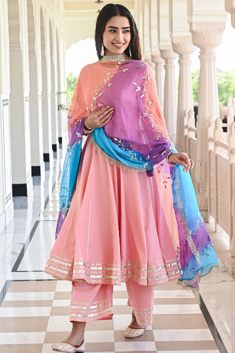 Baari Peach Flared Gota Kurta With Pant & Tie-dye Dupatta