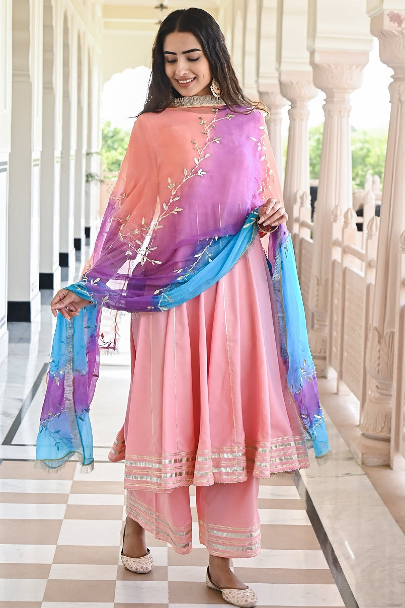 Baari Peach Flared Gota Kurta With Pant & Tie-dye Dupatta