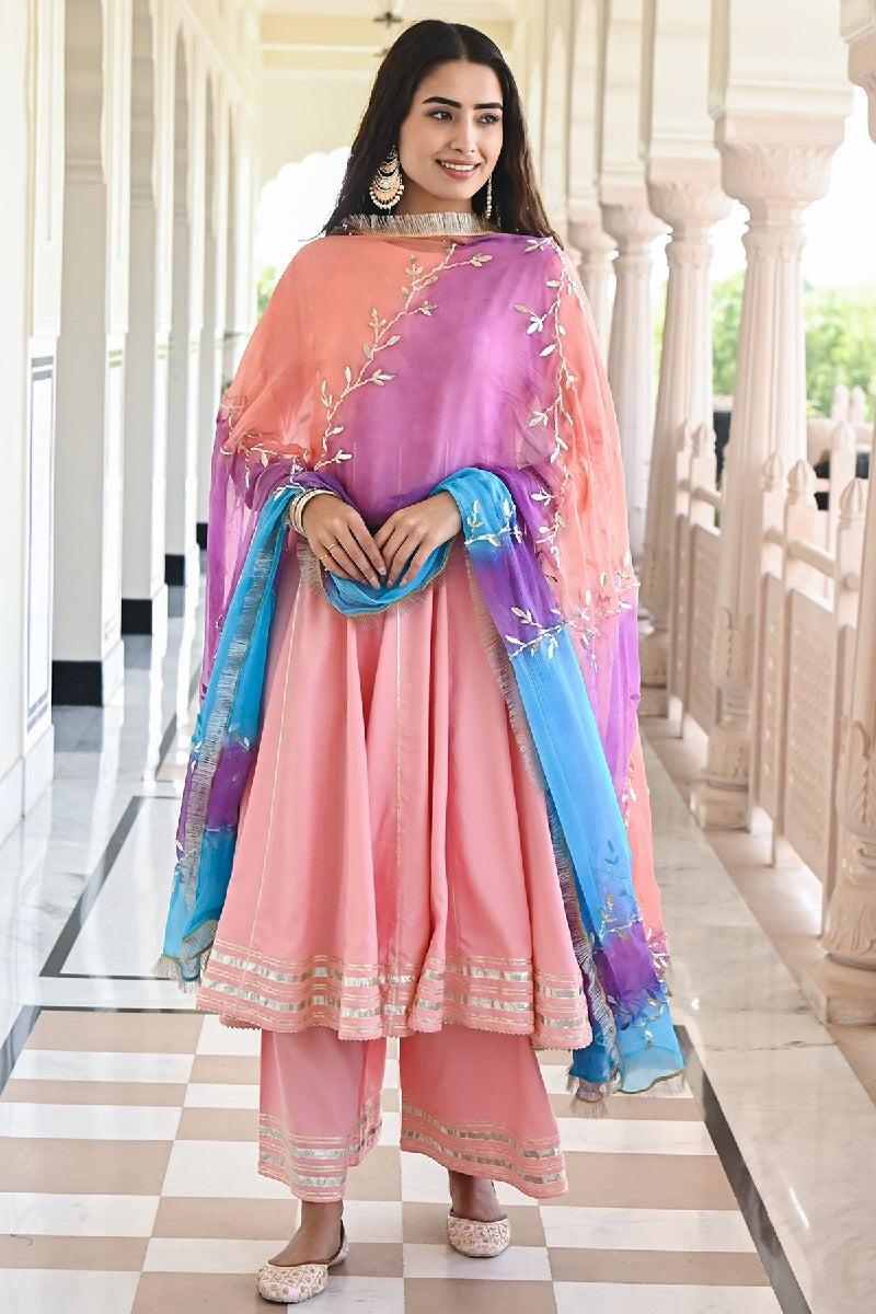 Baari Peach Flared Gota Kurta With Pant & Tie-dye Dupatta