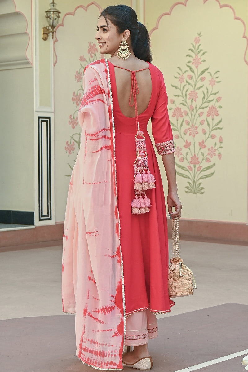 Bahaara Red-Peach Embroidered Flared Kurta With Pant & Dupatta