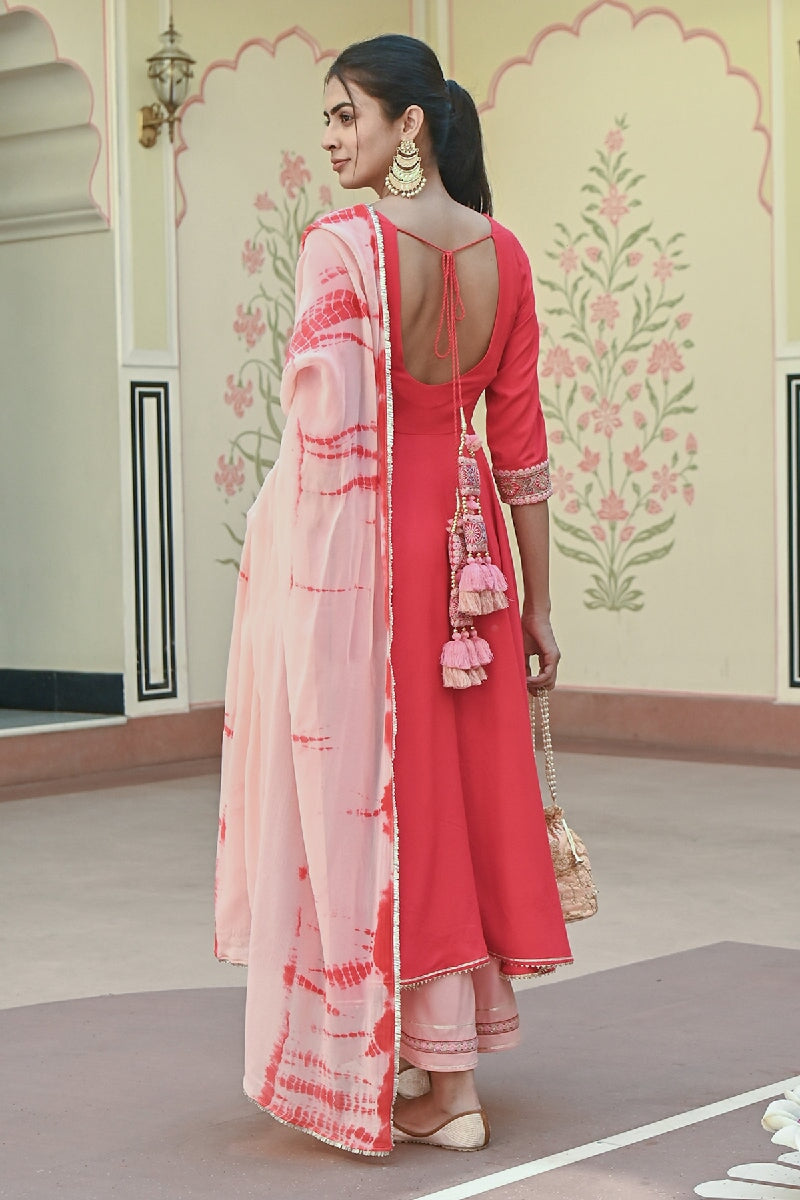 Bahaara Red-Peach Embroidered Flared Kurta With Pant & Dupatta