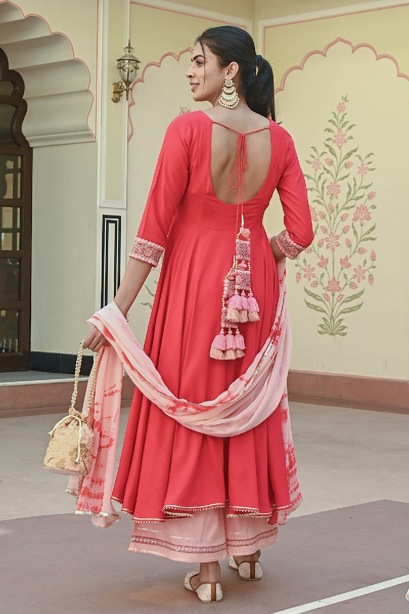 Bahaara Red-Peach Embroidered Flared Kurta With Pant & Dupatta