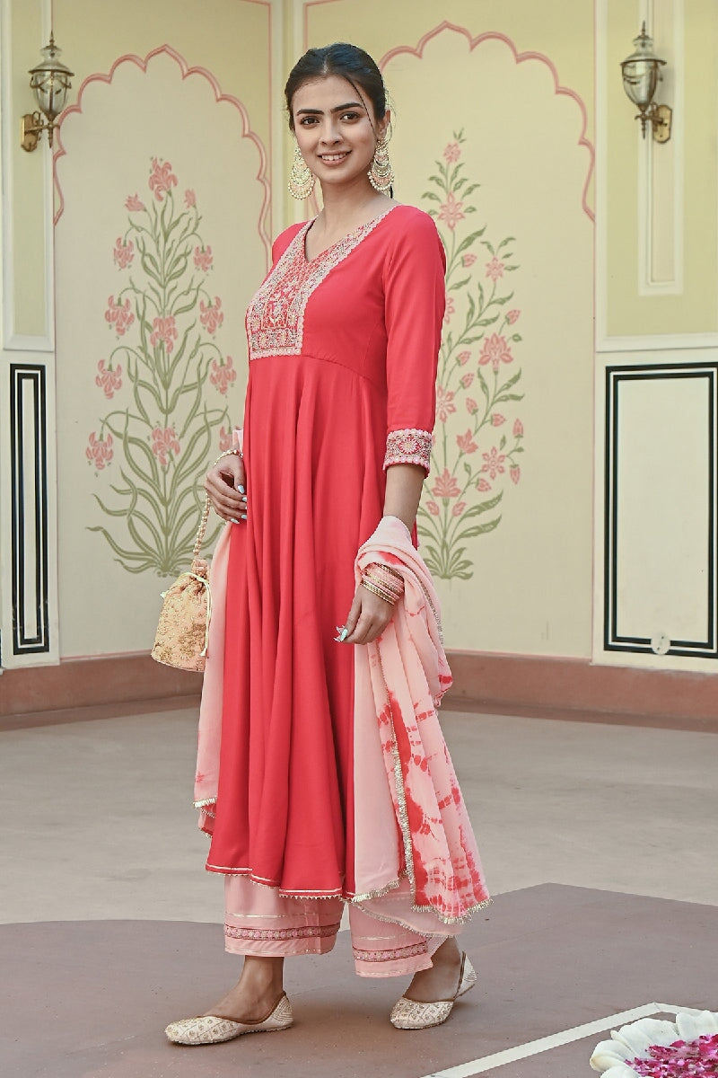 Bahaara Red-Peach Embroidered Flared Kurta With Pant & Dupatta