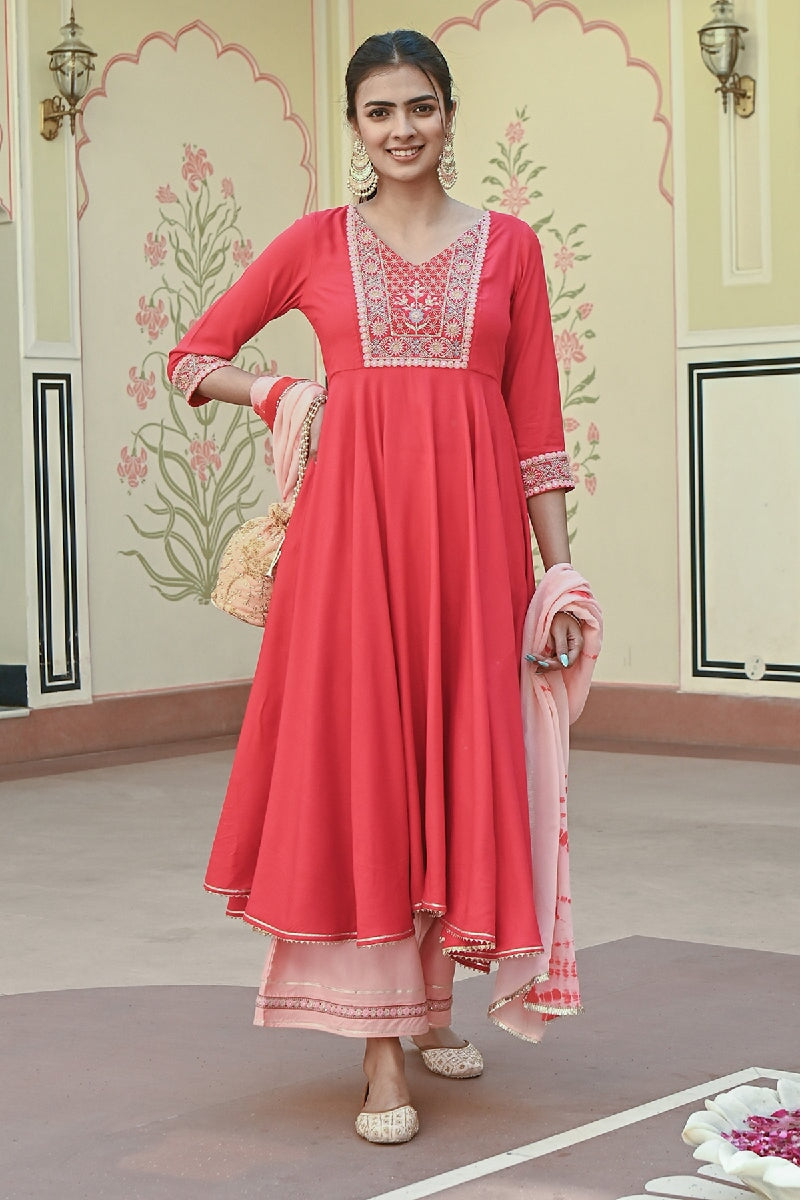 Bahaara Red-Peach Embroidered Flared Kurta With Pant & Dupatta