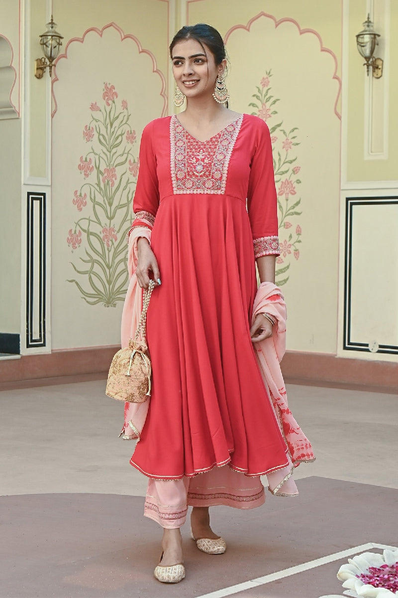 Bahaara Red-Peach Embroidered Flared Kurta With Pant & Dupatta