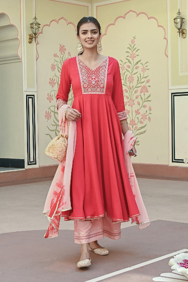 Bahaara Red-Peach Embroidered Flared Kurta With Pant & Dupatta