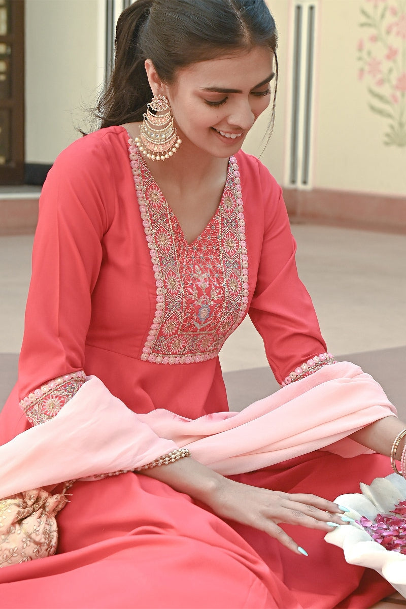 Bahaara Red-Peach Embroidered Flared Kurta With Pant & Dupatta