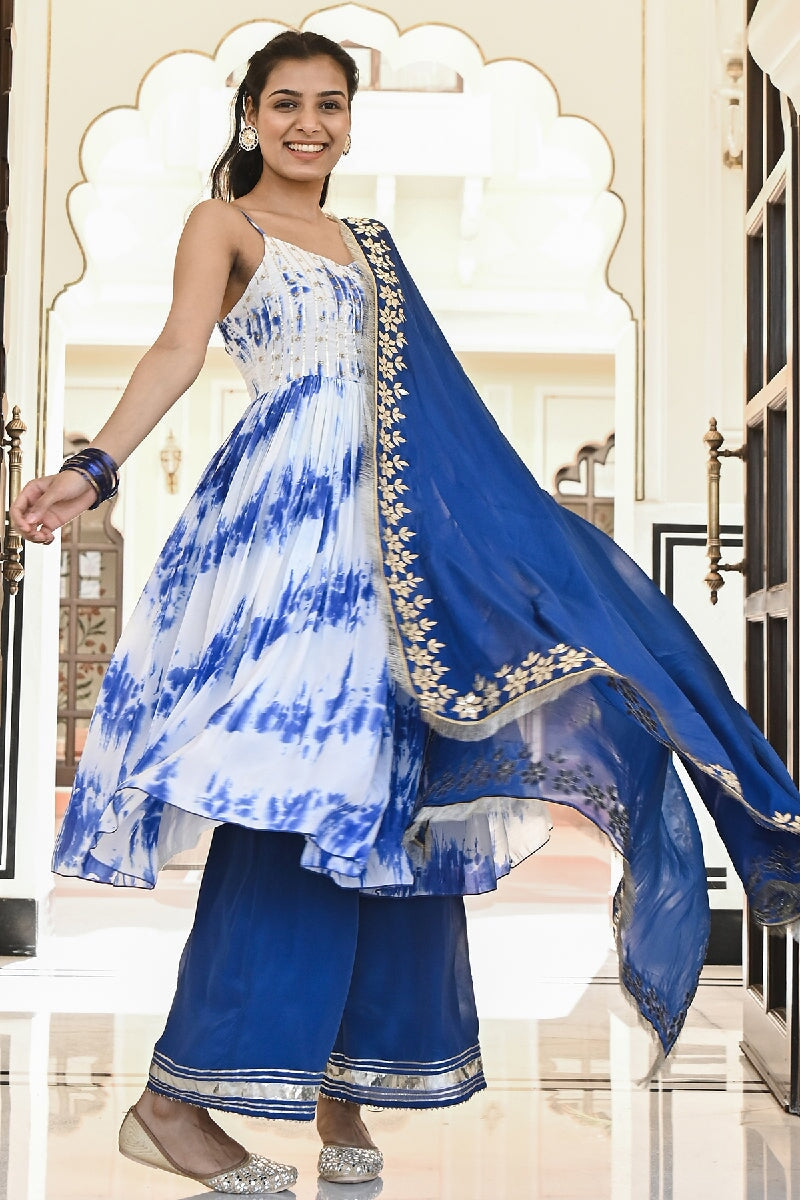 Bansi Blue-White Embroidered Spagetti Kurta With Pant & Gota Patti Dupatta