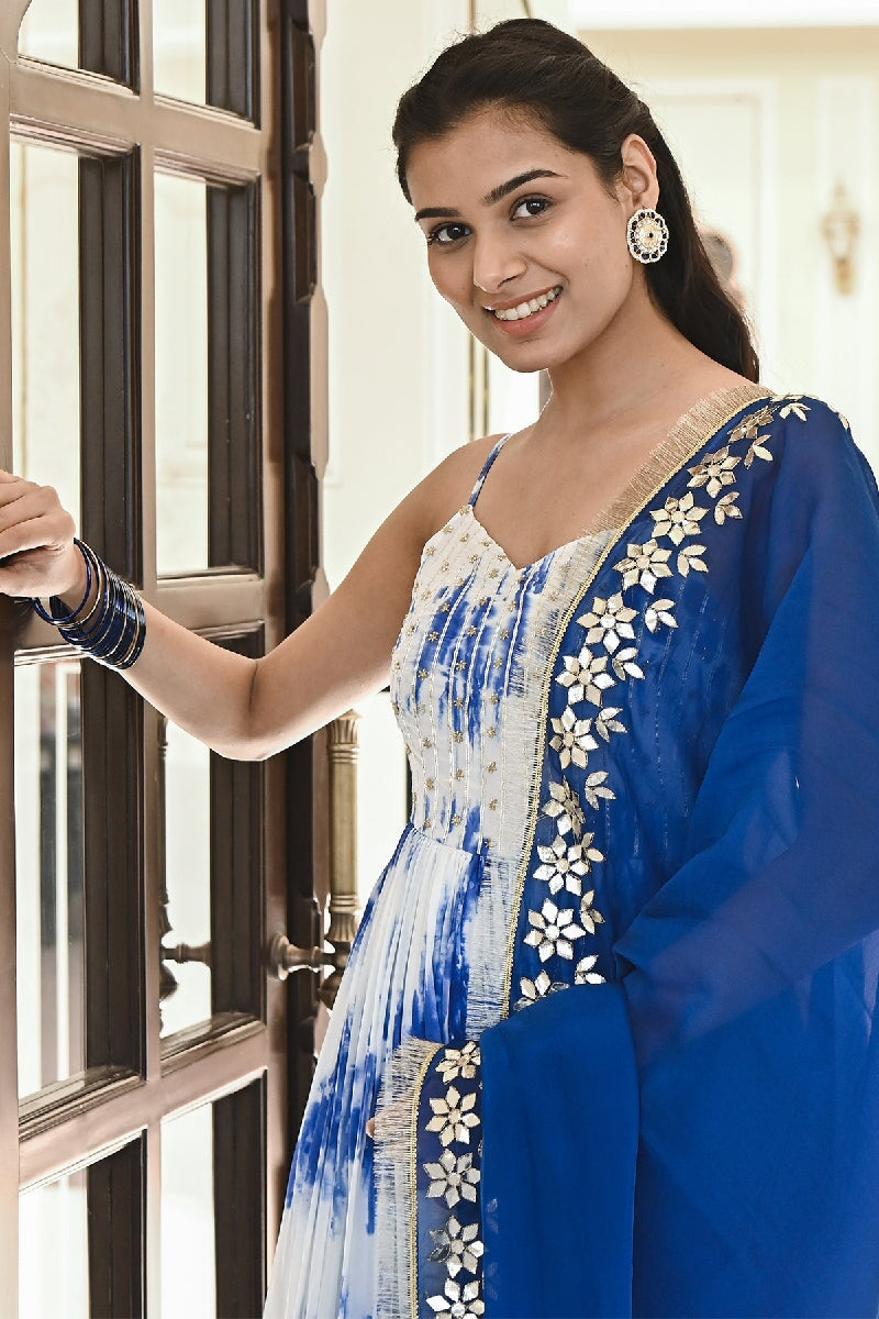 Bansi Blue-White Embroidered Spagetti Kurta With Pant & Gota Patti Dupatta