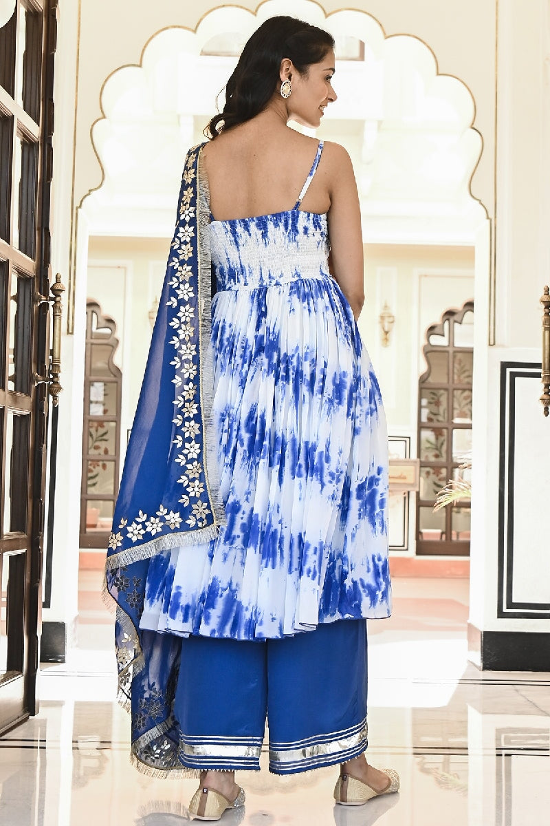 Bansi Blue-White Embroidered Spagetti Kurta With Pant & Gota Patti Dupatta