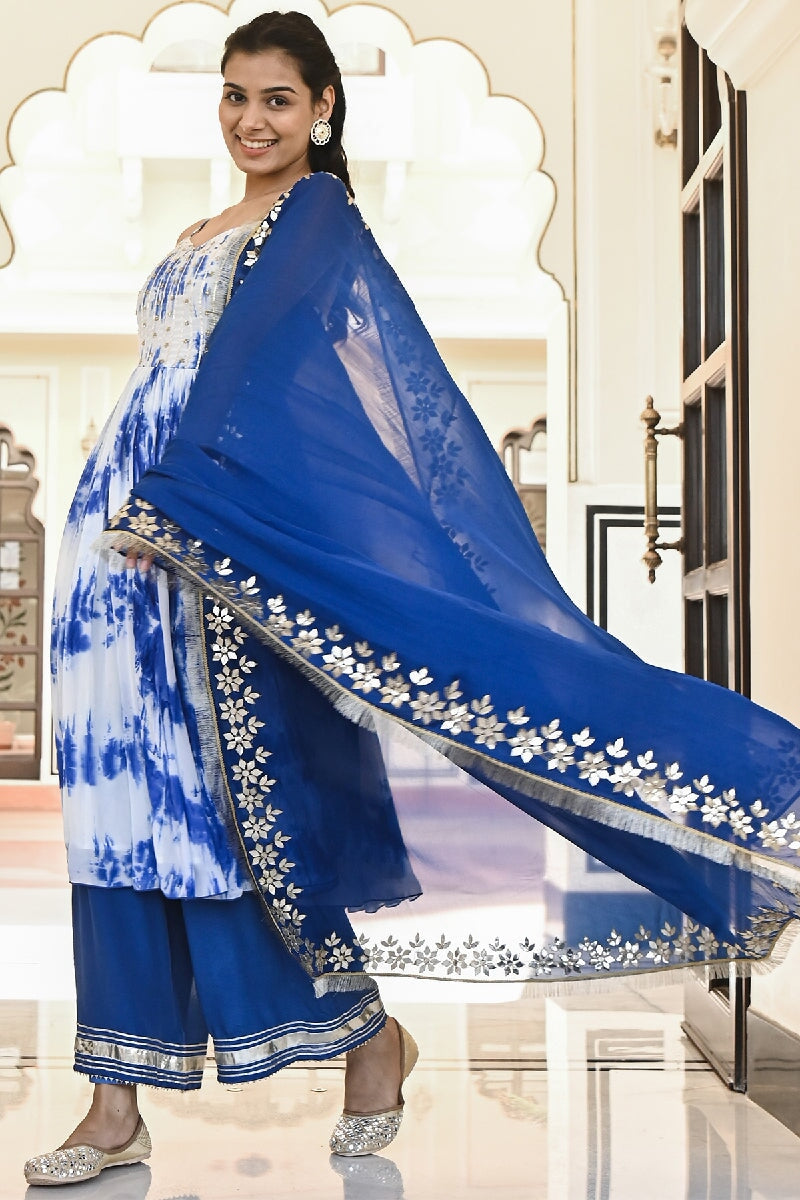 Bansi Blue-White Embroidered Spagetti Kurta With Pant & Gota Patti Dupatta