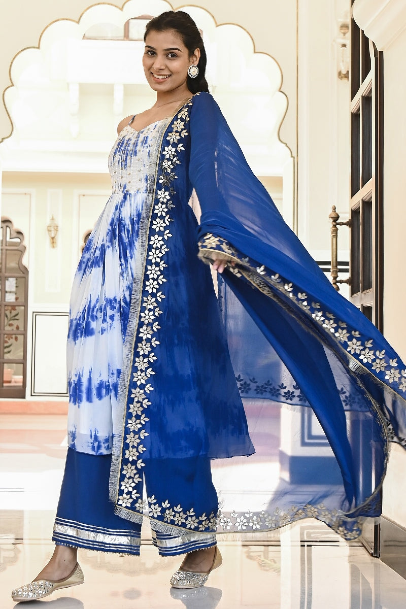 Bansi Blue-White Embroidered Spagetti Kurta With Pant & Gota Patti Dupatta