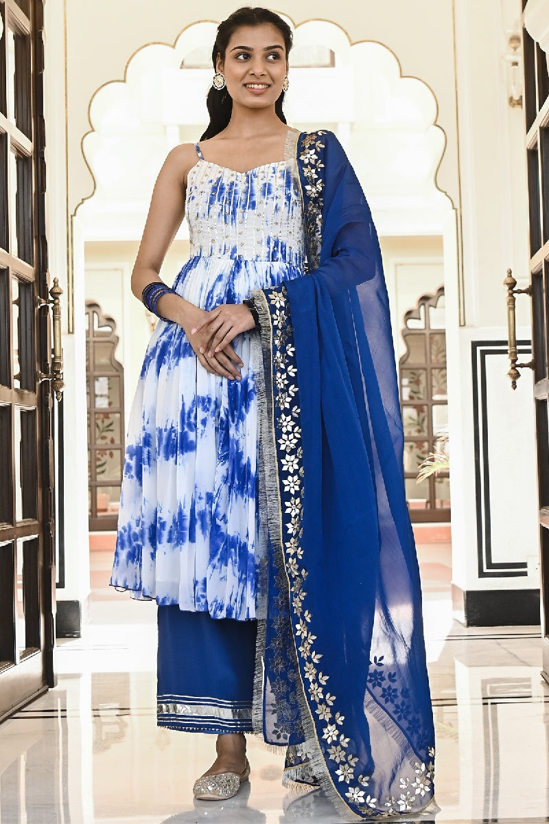 Bansi Blue-White Embroidered Spagetti Kurta With Pant & Gota Patti Dupatta