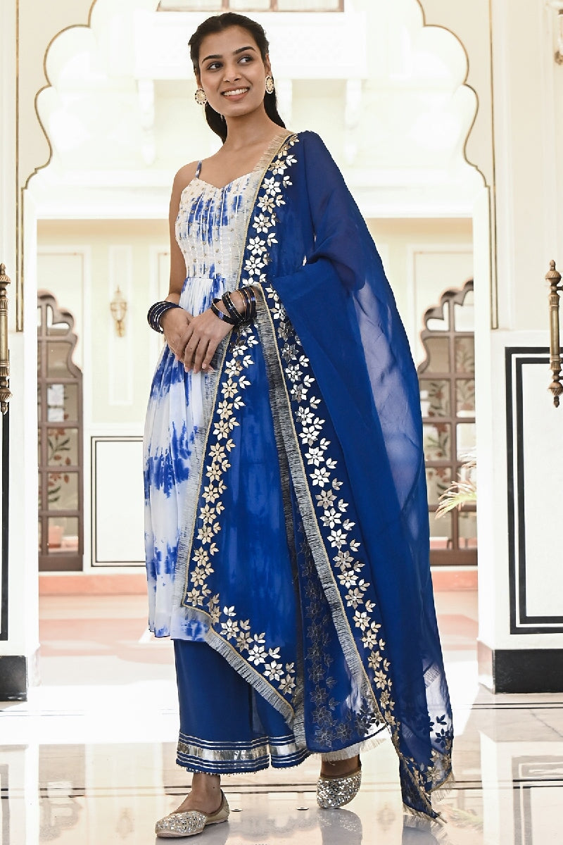 Bansi Blue-White Embroidered Spagetti Kurta With Pant & Gota Patti Dupatta