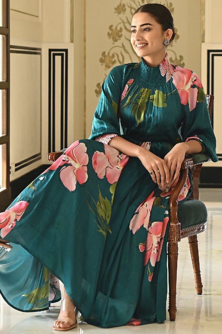 Beryl Printed Blue High Neck Dress With Balloon Sleeves