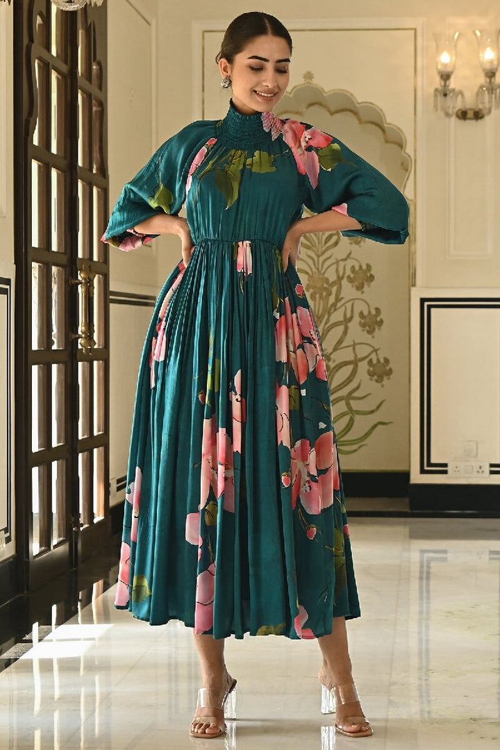 Beryl Printed Blue High Neck Dress – EverBloom India