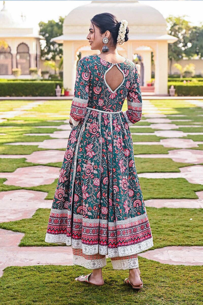 Chinar Printed Red-Green Embroidered Flared Kurta With Pant & Dupatta