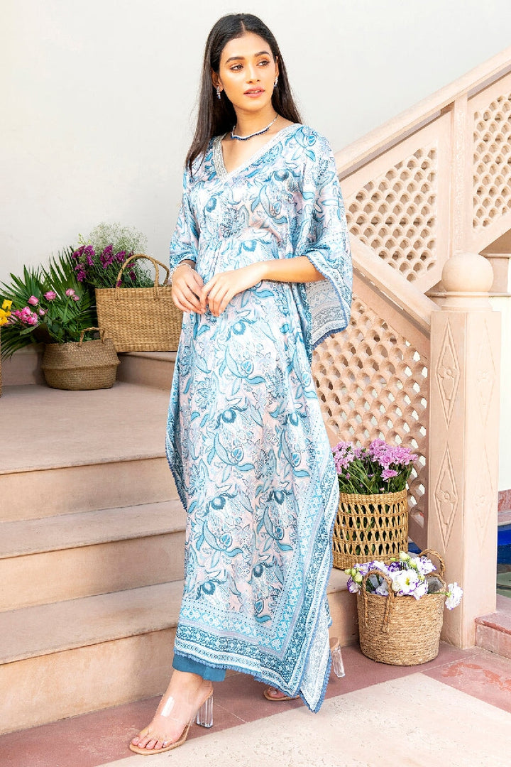 Dilkash Printed Blue Layered Kaftan Kurta With Pant
