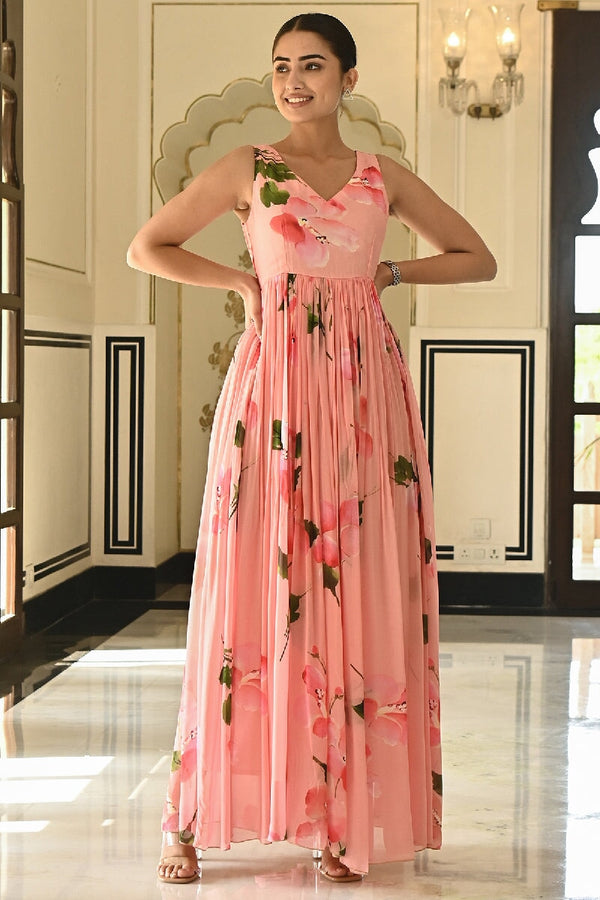 Drupe Printed Pink Sleeveless Long Dress