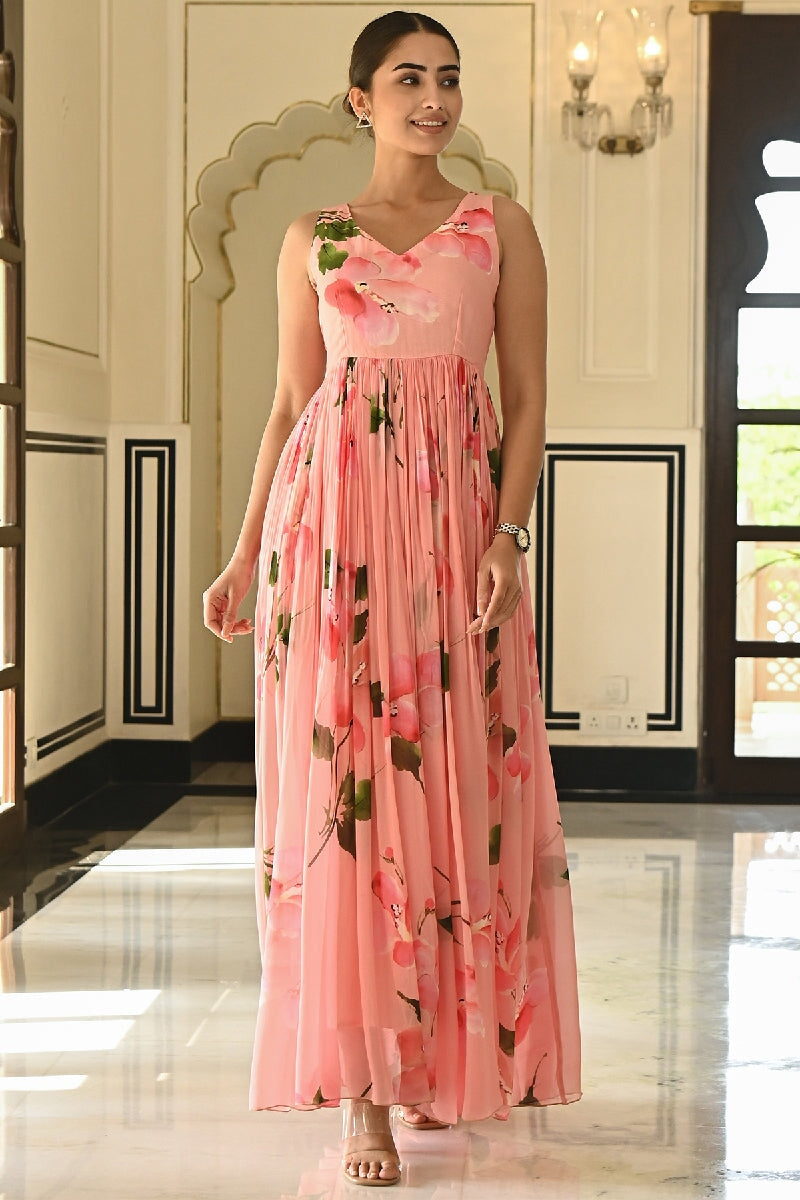 Drupe Printed Pink Sleeveless Long Dress