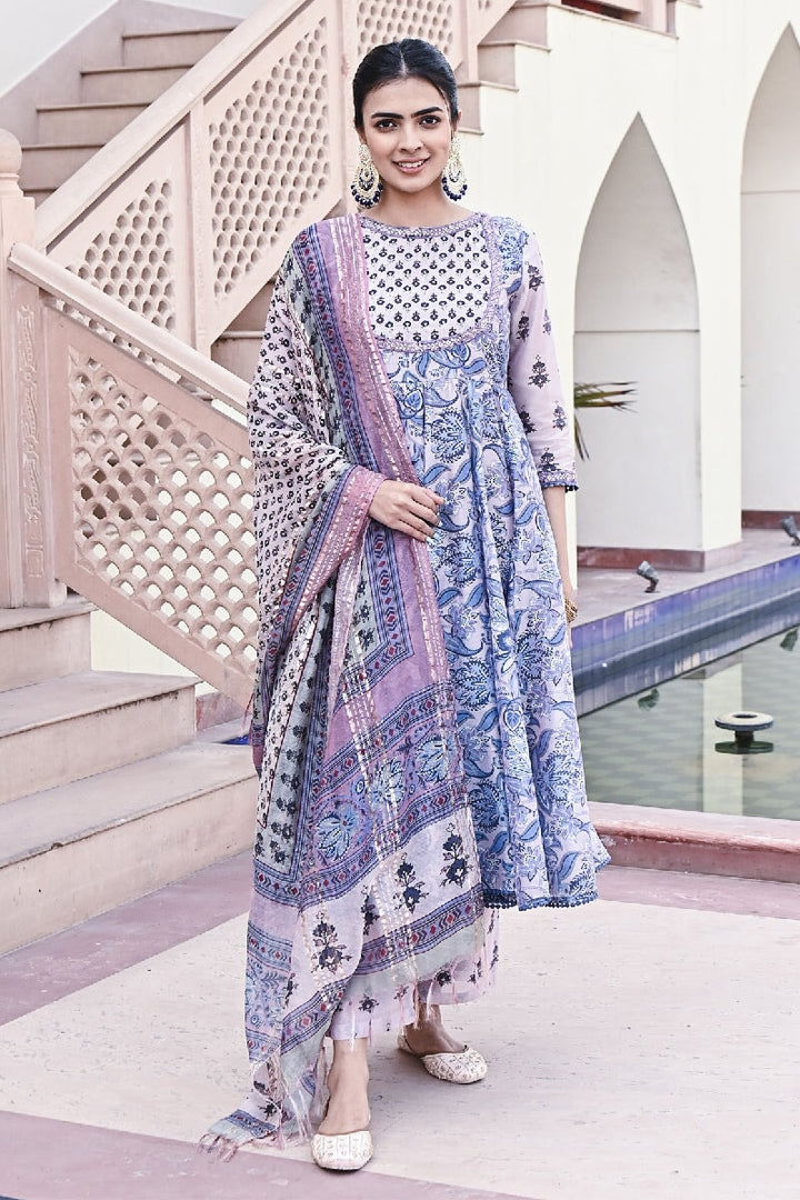 Tulip Printed Light Blue-Purple Sequins Flared Kurta With Pant & Dupatta