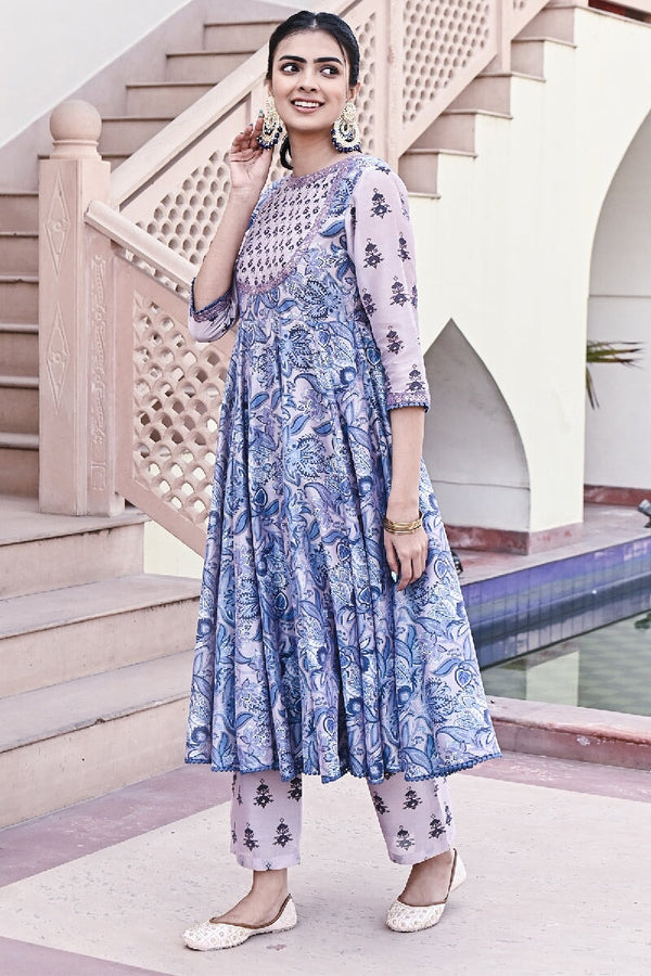 Tulip Printed Light Blue-Purple Sequins Flared Kurta With Pant & Dupatta