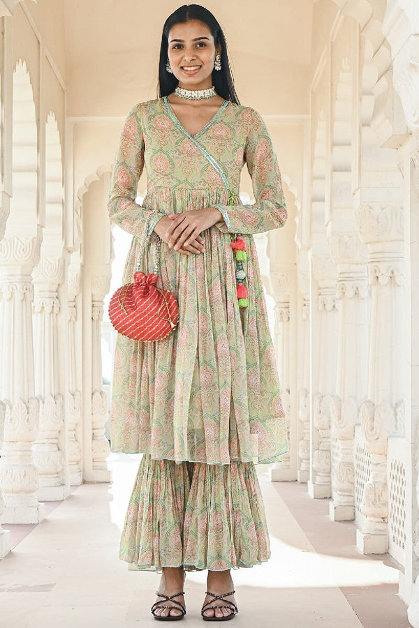 Roomani Printed Green Sequins Angrakha Flared Kurta & Sharara