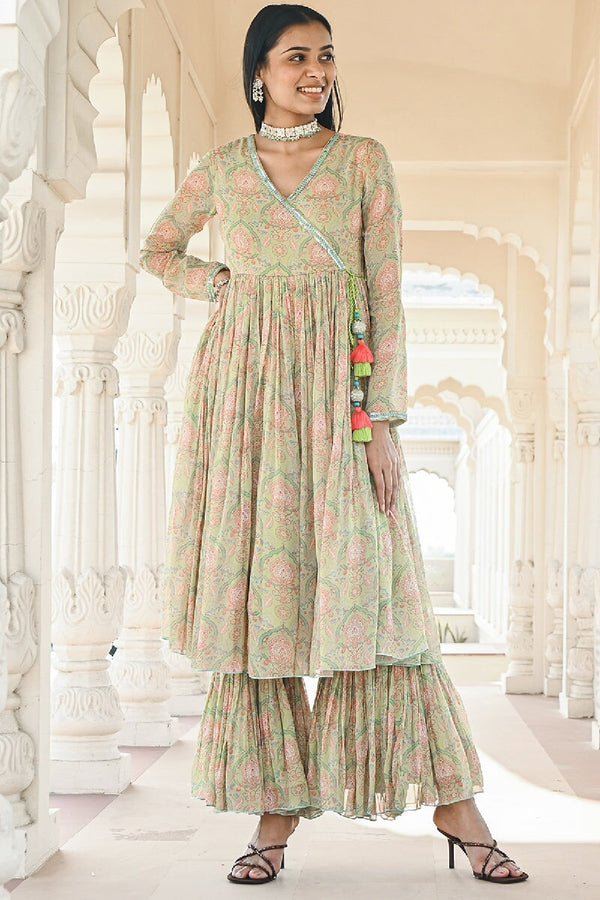 Roomani Printed Green Sequins Angrakha Flared Kurta & Sharara