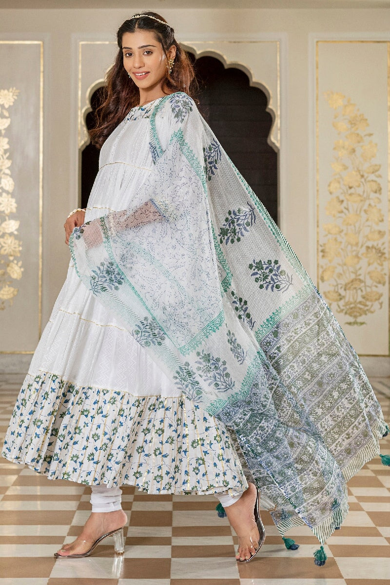 Kasturi White Handblock Printed Flared Kurta With Churidar & Dupatta