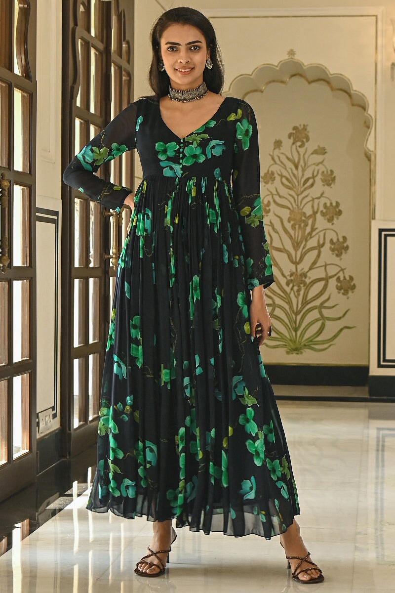 Forest Printed Navy Blue Flared Dress With Long Sleeves