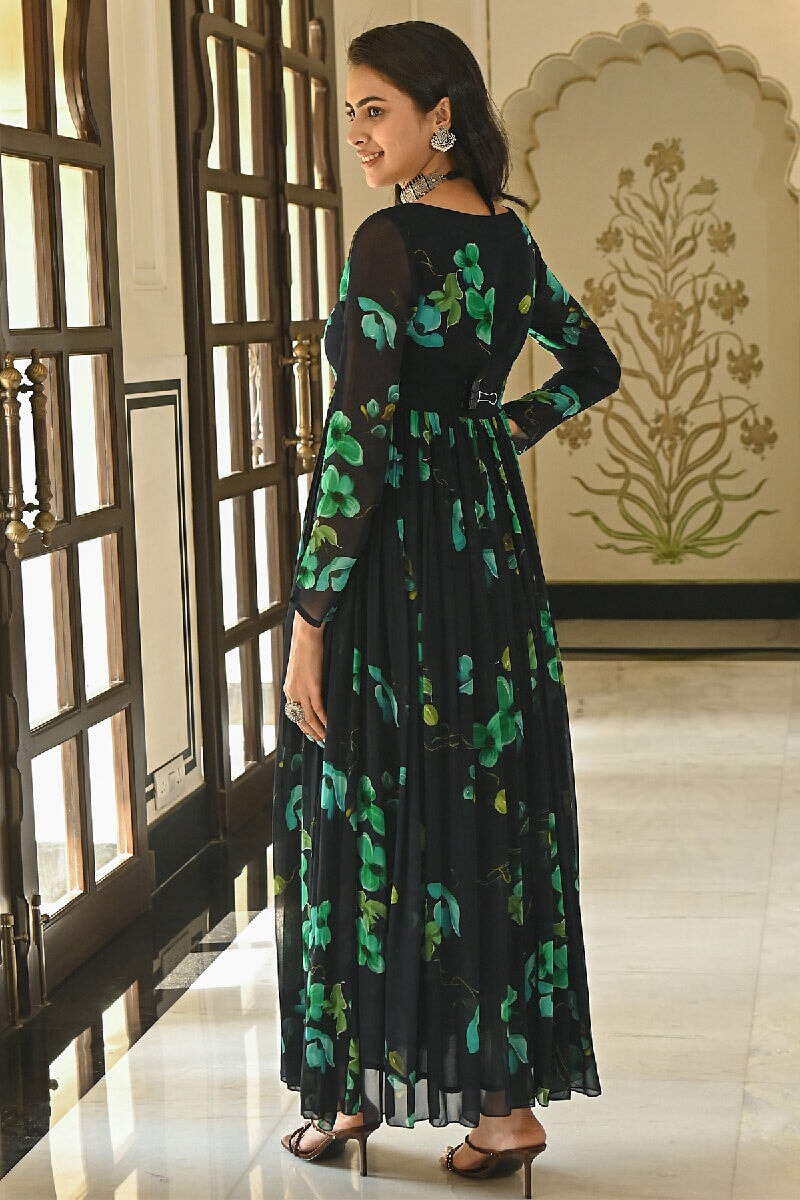 Forest Printed Navy Blue Flared Dress With Long Sleeves